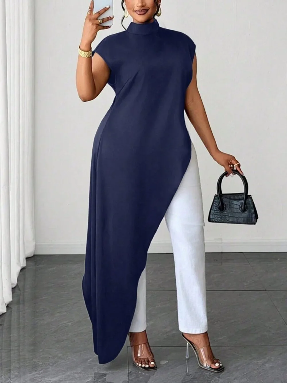 Navy Blue Casual Women's Plus Size Stand Collar Long Shirt